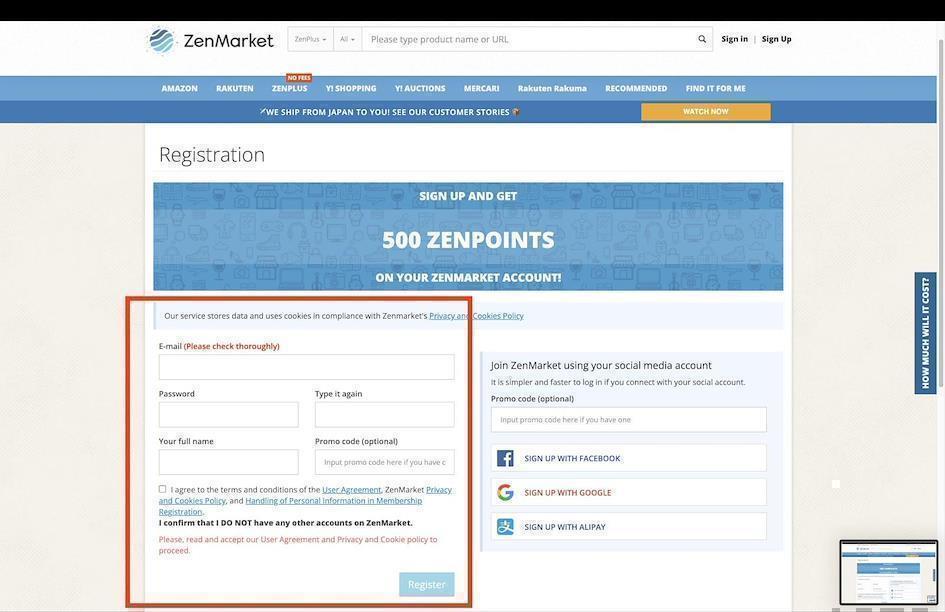 ZenMarket Registrierungsseite